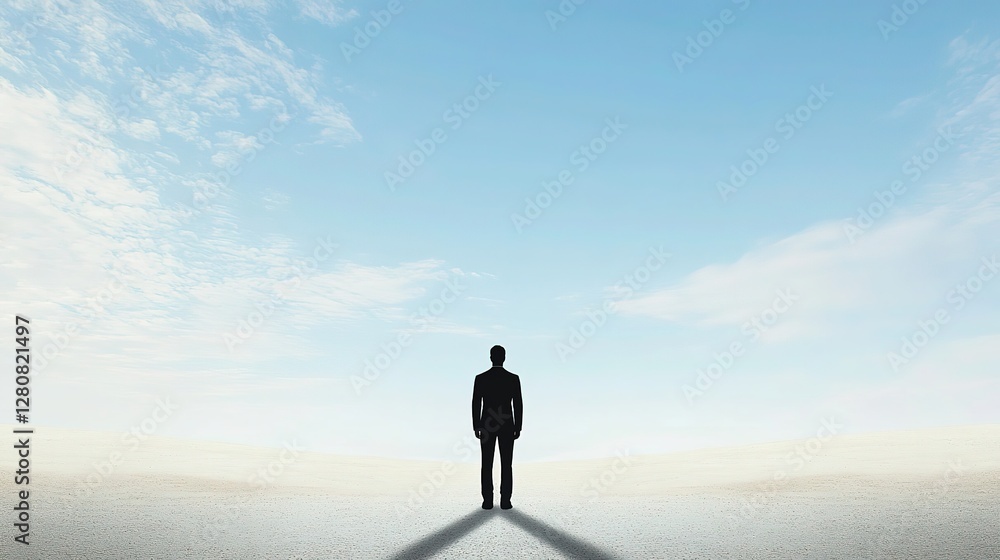 Lone figure standing at crossroads silhouetted against vast open landscape, symbolizing freedom and choice in career paths, decision making and life direction concepts. Lone figure standing at crossroads silhouetted against vast open landscape, symbolizing freedom and choice in career paths, decision making and life direction concepts.