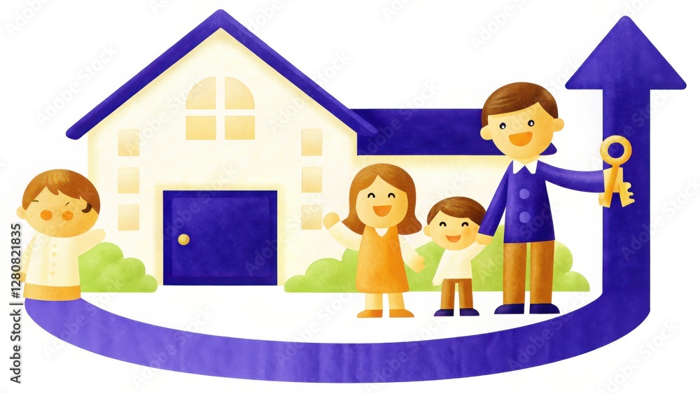 Happy Family Receiving New Home Keys Upward Trending Illustration Happy Family Receiving New Home Keys Upward Trending Illustration