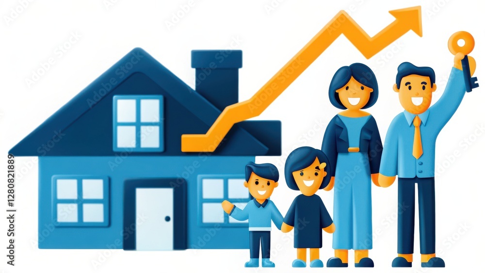 Happy Family Receiving New Home Keys with Upward Growth Graph