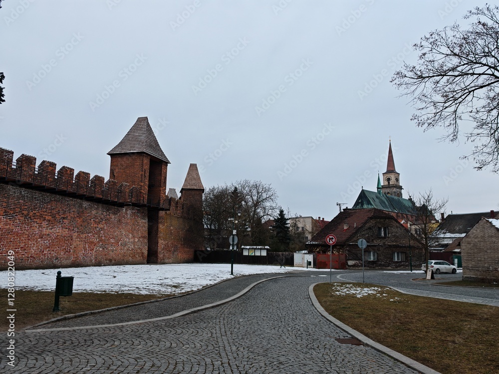 Obraz premium NYMBURK historical town on Labe river(Elbe) with its bridges water ways and historical city center with Cathedral and Church and water towers in Podebrady region