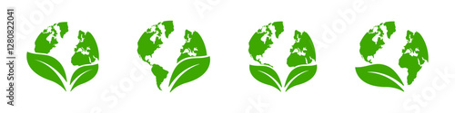 World globe with leaf. Earth and leaves. Eco world. Earth Nature Care Icon Set. Ecology Planet. Eco Globe Green World with Plant Symbol.