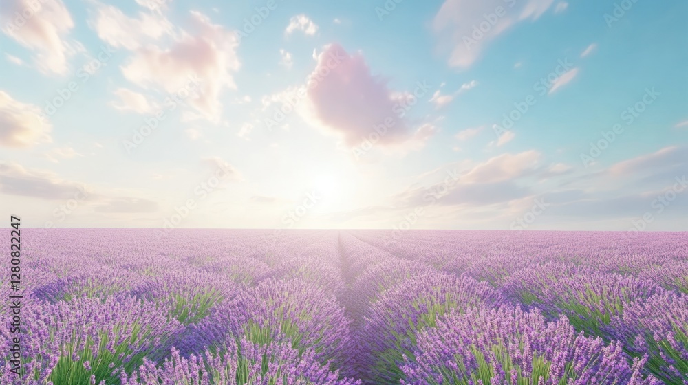 Obraz premium Expansive lavender field under a bright sky with fluffy clouds during sunset, serene and tranquil