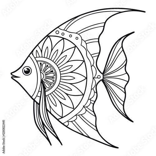 Angelfish Coloring Page: Detailed Mandala Fish Illustration for Relaxation, Printable Art, Aquatic Animal Design, Black and White Outline