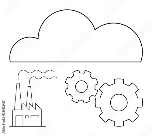 Factory with chimneys emitting smoke, two interlocking gears, and large cloud above. Ideal for industrial automation, manufacturing, smart factories, cloud computing, technology integration