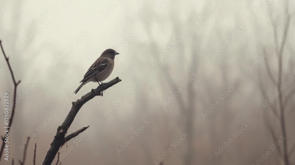 Fototapeta premium Lone bird on a dead tree branch against a foggy background providing ample space for text. Generative AI