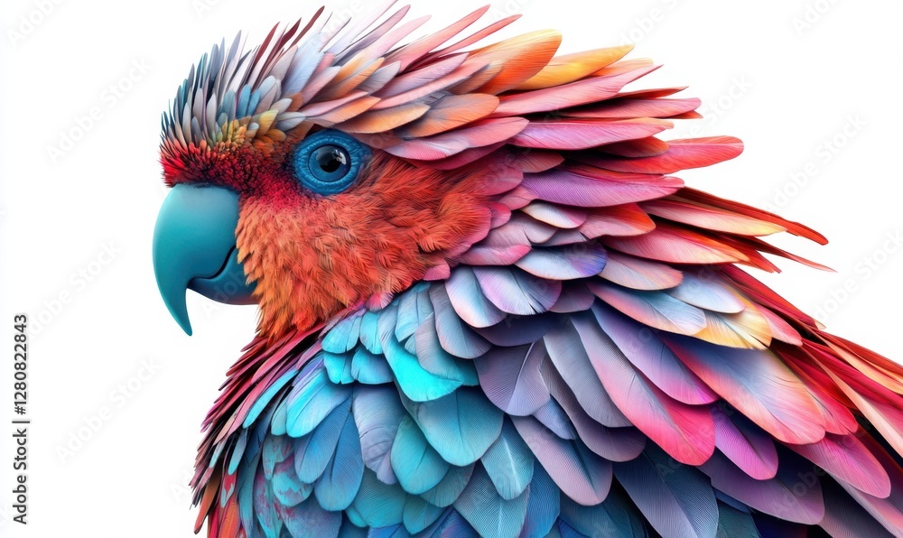 Obraz premium Colorful parrot with vibrant feathers perched against a white background, showcasing its beauty