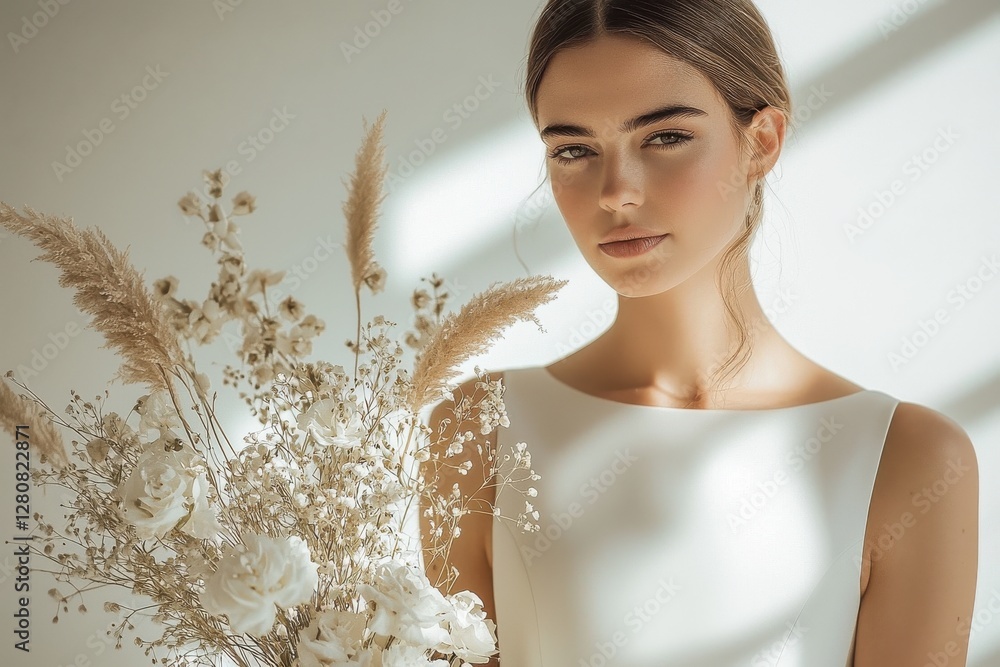 Elegant woman holding bouquet of neutral colored flowers in minimalist setting, sunlight creating soft shadows on the background, serene and sophisticated. Elegant woman holding bouquet of neutral colored flowers in minimalist setting, sunlight creating soft shadows on the background, serene and sophisticated.