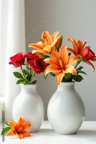 Wallpaper Mural White marble vases with fresh red roses and orange lilies, white, lily, flowers Torontodigital.ca