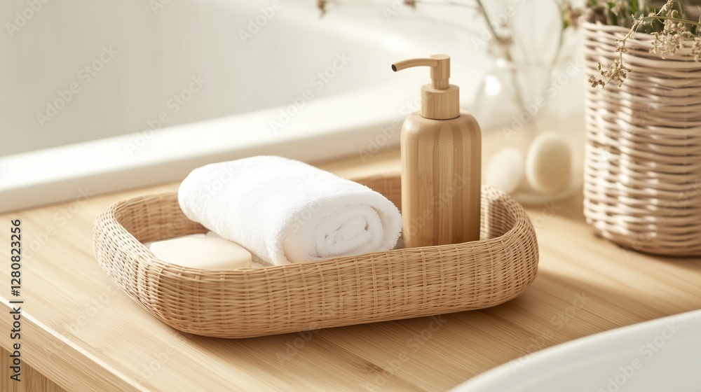 Bath essentials on a wooden countertop with a cotton towel and natural soap dispenser in a serene setting Bath essentials on a wooden countertop with a cotton towel and natural soap dispenser in a serene setting