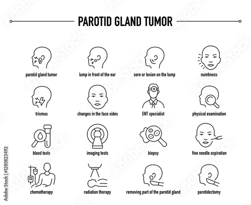 Parotid Gland Tumour symptoms, diagnostic and treatment vector icon set. Line editable medical icons.