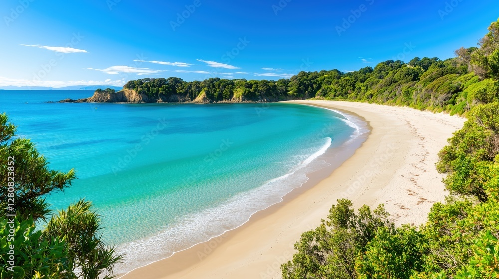 Stunning coastal landscape with pristine beach, turquoise waters, and lush greenery under clear blue skies Stunning coastal landscape with pristine beach, turquoise waters, and lush greenery under clear blue skies