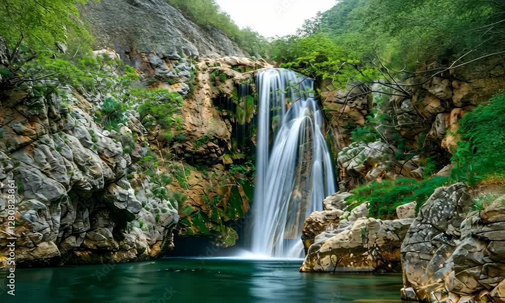 Serene waterfall cascading into crystal-clear pool surrounded by lush greenery and rocky cliffs Serene waterfall cascading into crystal-clear pool surrounded by lush greenery and rocky cliffs