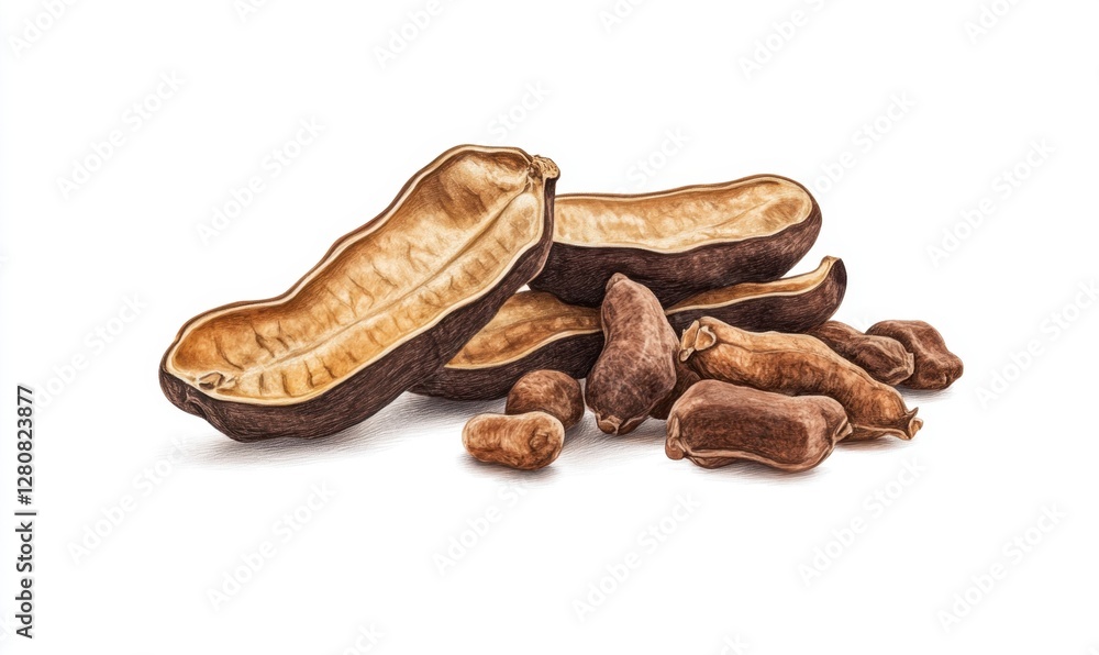 Dried tamarind pods and seeds arranged on a white background, showcasing natural textures Dried tamarind pods and seeds arranged on a white background, showcasing natural textures