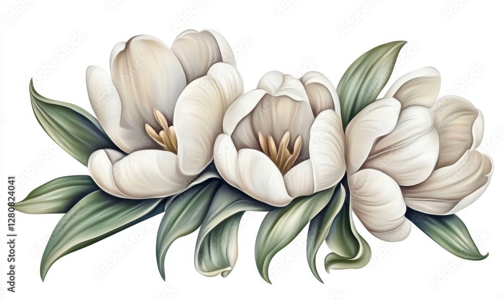 Obraz premium Elegant arrangement of white tulips with lush green leaves on a clean background, ideal for decor