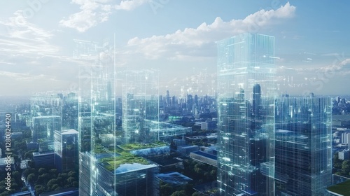 Futuristic city skyline with transparent skyscrapers and green spaces under a bright sky