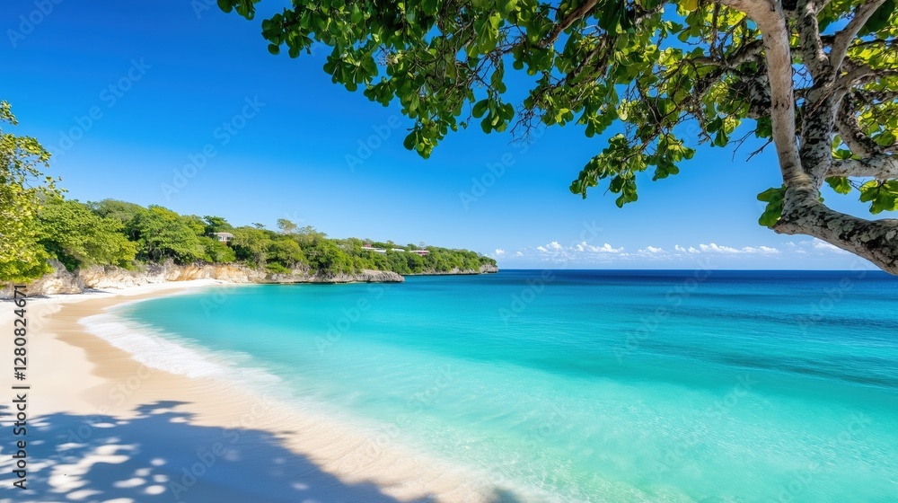 Calm turquoise waters and sandy beach under a clear blue sky on a tropical coast during a sunny day Calm turquoise waters and sandy beach under a clear blue sky on a tropical coast during a sunny day