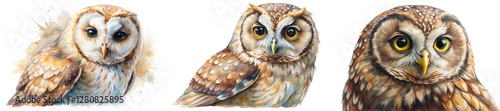 Realistic watercolor owls, detailed feathers, nature art, wildlife illustration, vibrant colors, animal portrait, artistic style.