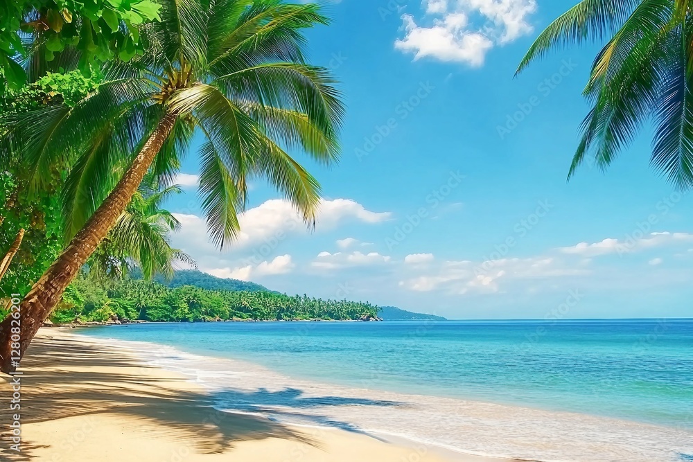 Obraz premium Beautiful beach. View of nice tropical beach with palms around. Holiday and vacation concept. Tropical beach.