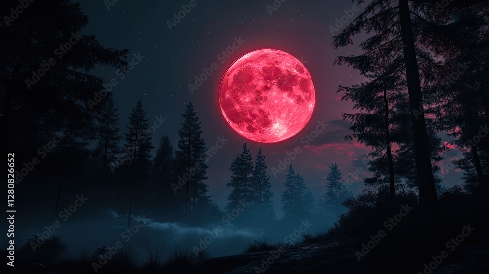 Mysterious glowing red moon in a forest at night Mysterious glowing red moon in a forest at night