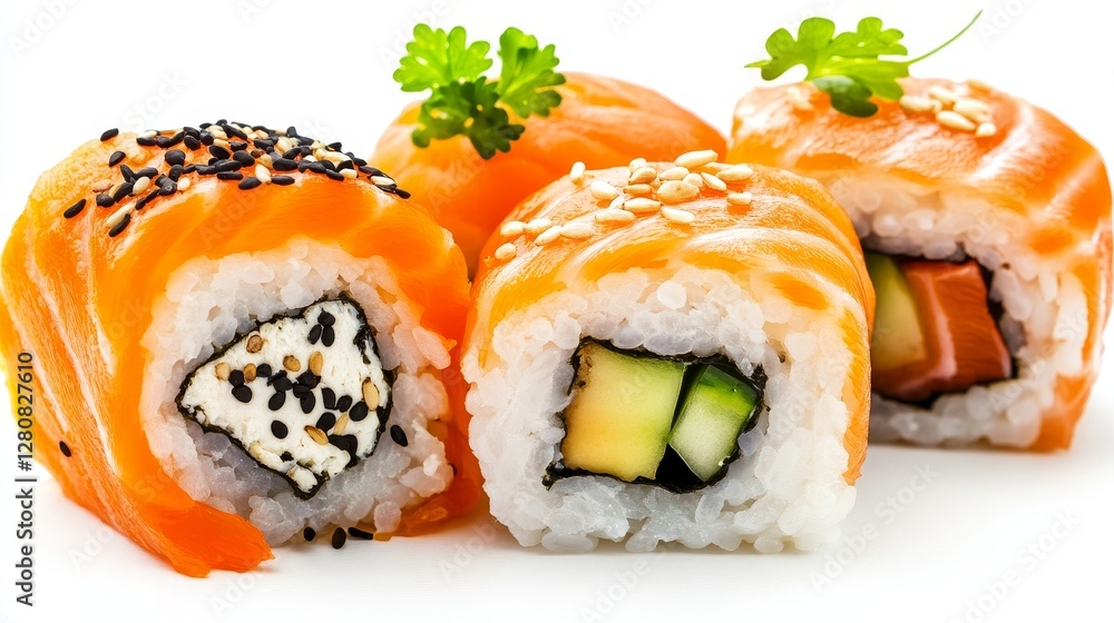 Fresh sushi roll, isolated on a white background, cut out, showcasing traditional Japanese cuisine with vibrant ingredients and delicate presentation. Fresh sushi roll, isolated on a white background, cut out, showcasing traditional Japanese cuisine with vibrant ingredients and delicate presentation.