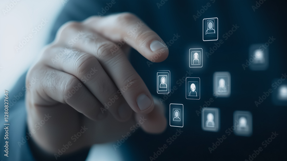 Digital Human Connection: A hand seemingly selects a profile icon from a stream of people icons, highlighting the significance of personal connection. Digital Human Connection: A hand seemingly selects a profile icon from a stream of people icons, highlighting the significance of personal connection.