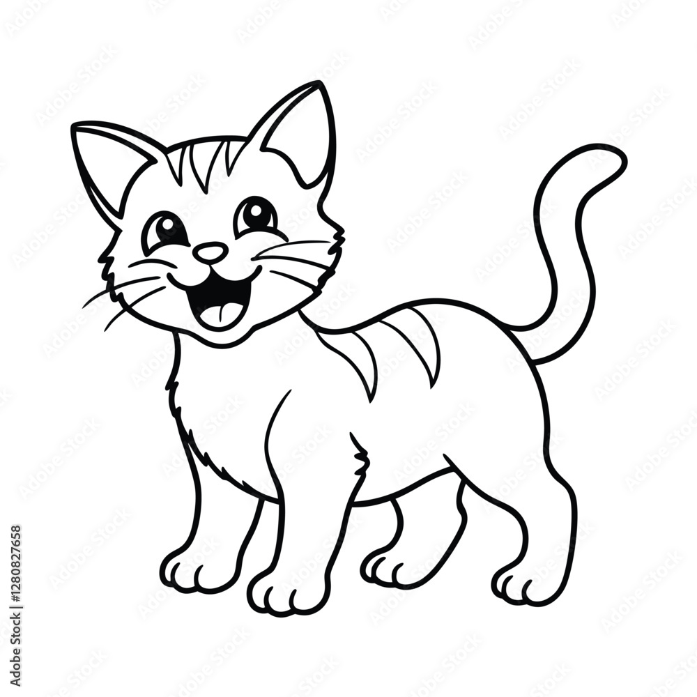 Fototapeta premium Adorable Cartoon Kitten, Happy Cat, Line Art, Black and White