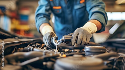 Mechanic working on car engine in a garage. Possible use Stock photo for automotive repair services or mechanic training photo