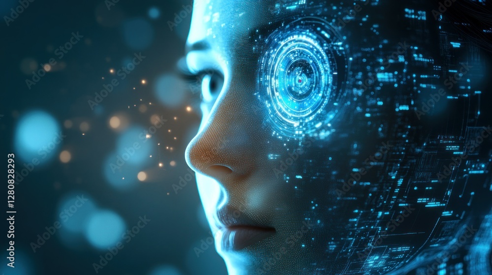 Futuristic portrait of a woman with digital elements, representing technology and innovation Futuristic portrait of a woman with digital elements, representing technology and innovation