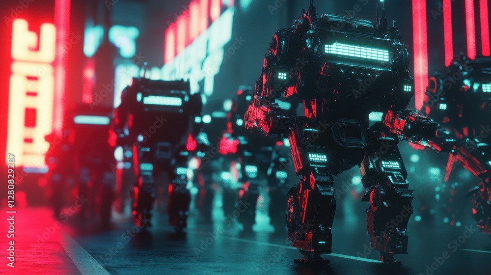 Futuristic robots marching through a neon-lit city street at night, showcasing advanced technology Futuristic robots marching through a neon-lit city street at night, showcasing advanced technology