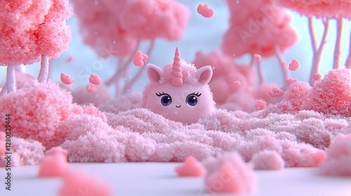 Cute Pink Unicorn in Magical Fairy Meadow photo