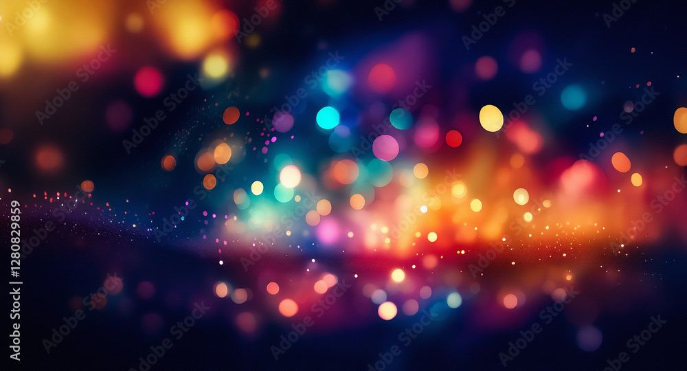 Obraz premium A dreamy bokeh background bursts with vibrant colors. Warm oranges and yellows mix with cool blues and purples, creating a festive and abstract glowing effect.