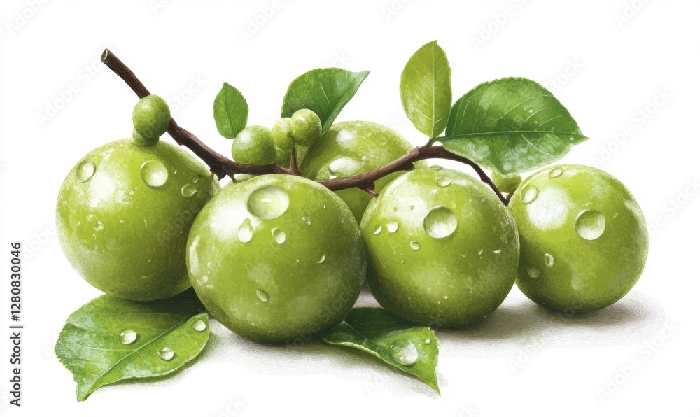 Obraz premium Fresh green fruits with water droplets on leaves, arranged artistically on a white background