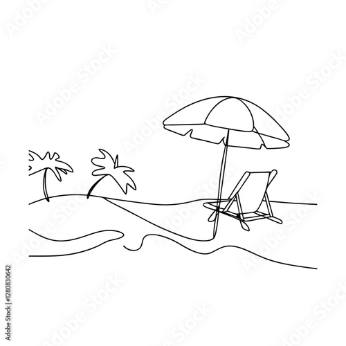 Relaxing Beach Scene OneLine Drawing of Palms, Sand, and Sunshade