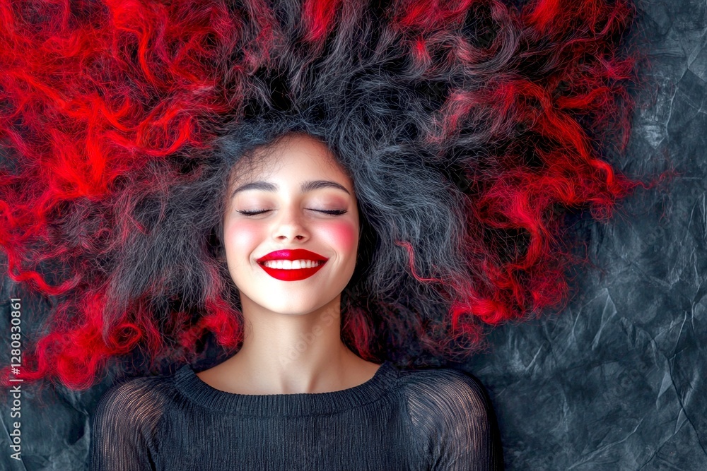 Fototapeta premium Commercial promotion visual idea. Attractive smiling mixed-race girl - for ads, drive poster and internet marketing use. Long trim - afro hair. African elegance vibrancy trends.