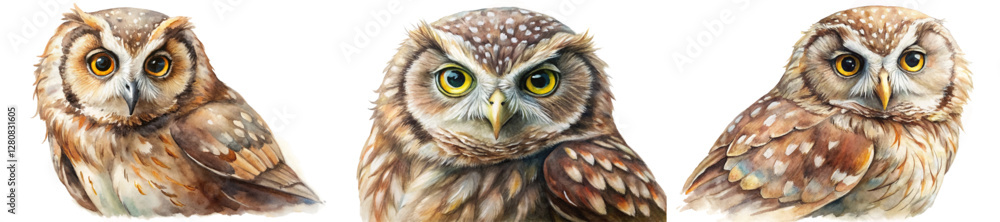 Fototapeta premium Realistic watercolor owls, detailed feathers, vibrant yellow eyes, nature illustration, wildlife art, artistic depiction.
