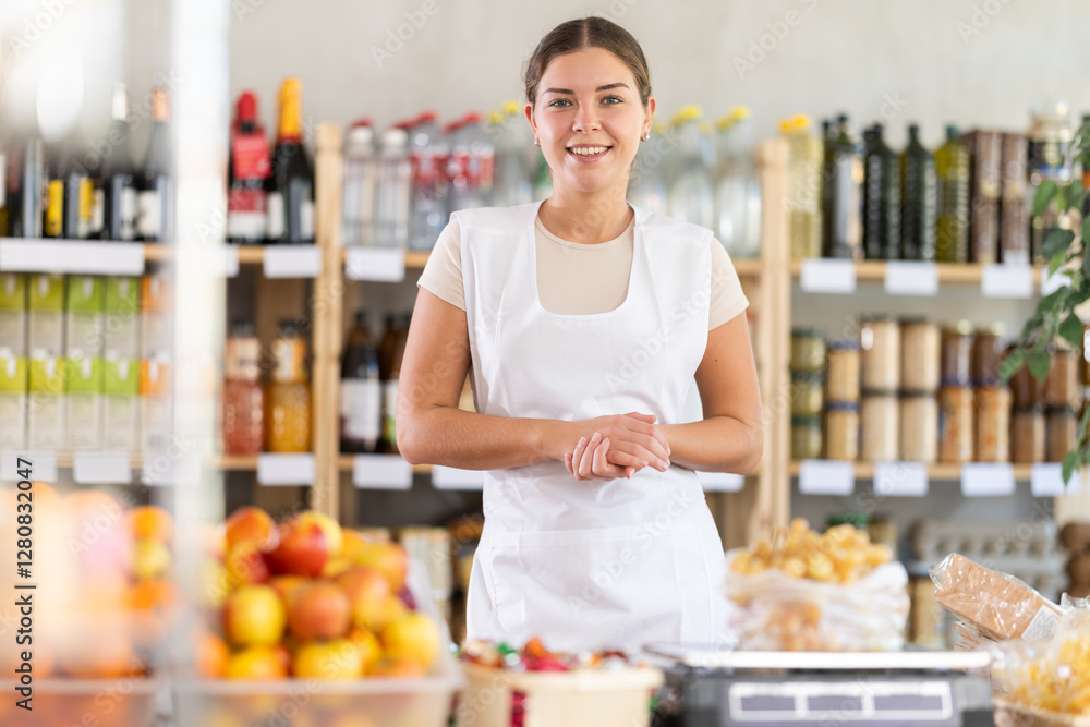 Young woman in uniform apron stands near counter, works as salesperson in grocery store. She is ready to meet customers, offer goods, sell fruits, food, drinks. Young woman in uniform apron stands near counter, works as salesperson in grocery store. She is ready to meet customers, offer goods, sell fruits, food, drinks.