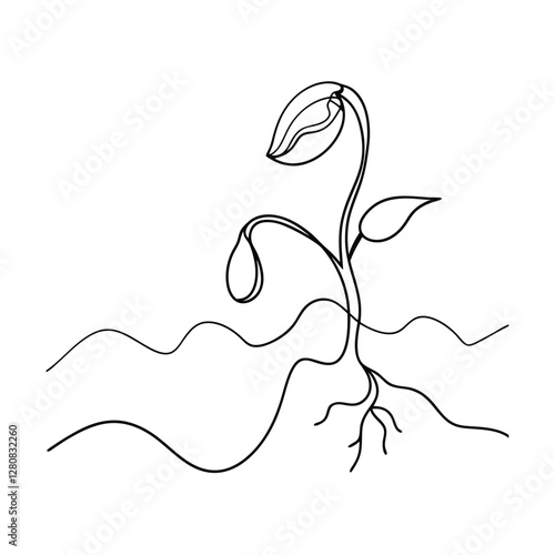 Singleline drawing of a sprouting seedling, growth, nature, plant, roots, life, earth, seed, sprout,