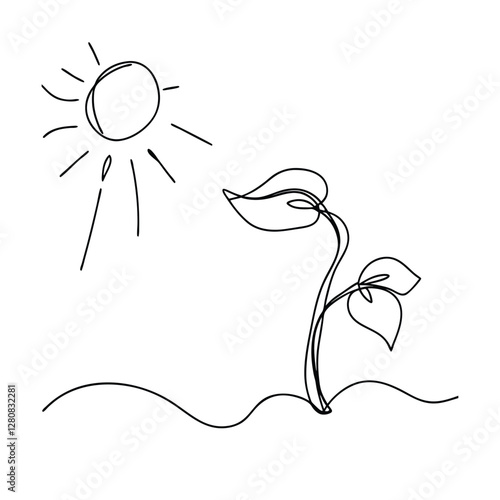Single Line Drawing Sun, Plant, Growth, Nature, Spring, Life, Seedling, Simple, Minimalist, Art