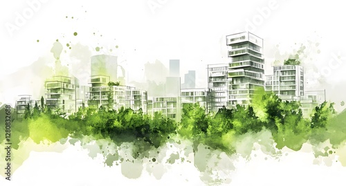 The design concept of a modern sustainable city with green trees and buildings in the middle of the environment. Which increases people's interest in the environment and modern city building.