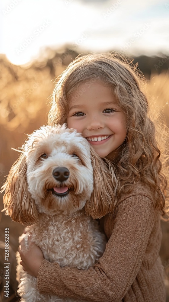 Joyful Little Girl Hugging Her Fluffy Dog While Smiling in a Sunlit Field, Embracing Friendship and Happiness in Nature Joyful Little Girl Hugging Her Fluffy Dog While Smiling in a Sunlit Field, Embracing Friendship and Happiness in Nature