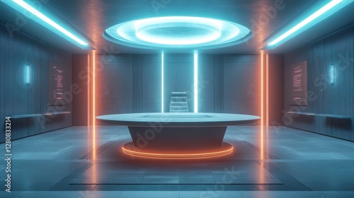 A futuristic room featuring a circular table illuminated by blue and orange neon lights, with sleek walls and a minimalist design.