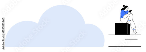 Woman reading while seated on a black block beside large light blue cloud shape. Ideal for cloud computing, technology, remote work, data storage, digital education, online reading, relaxation. Line