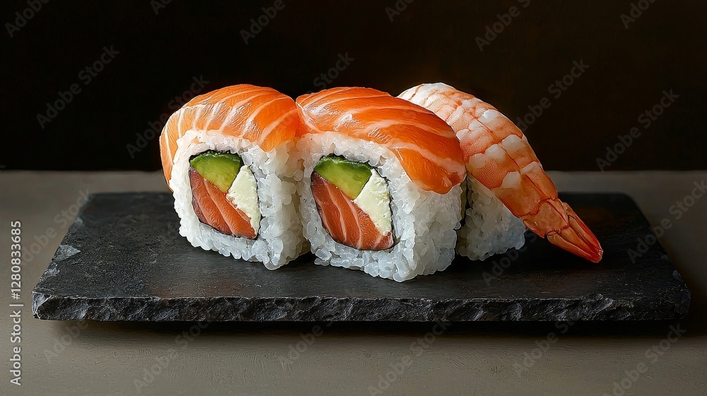 Savoring sushi exquisite sashimi and salmon delights in japan culinary art on slate plate Savoring sushi exquisite sashimi and salmon delights in japan culinary art on slate plate