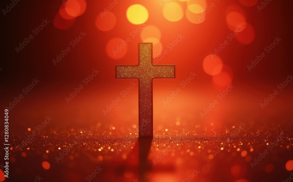 cross on red bokeh lights background cross on red bokeh lights background