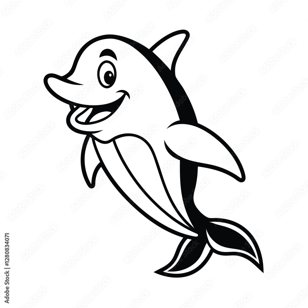 Happy Cartoon Dolphin, Leaping, Ocean Mammal, Black and White Illustration Happy Cartoon Dolphin, Leaping, Ocean Mammal, Black and White Illustration