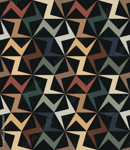 Abstract geometric colorful seamless pattern. Zigzag multicolored lines arranged in spirals on a black background in a modern and trendy design. Vector illustration.