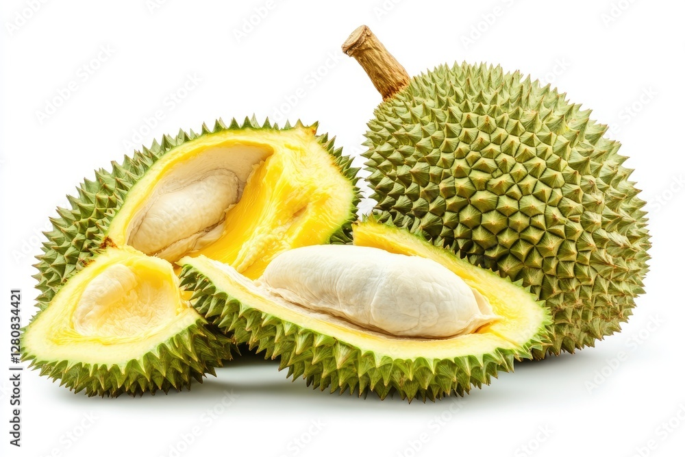 Obraz premium A whole durian with a spiky green shell, isolated on a white background