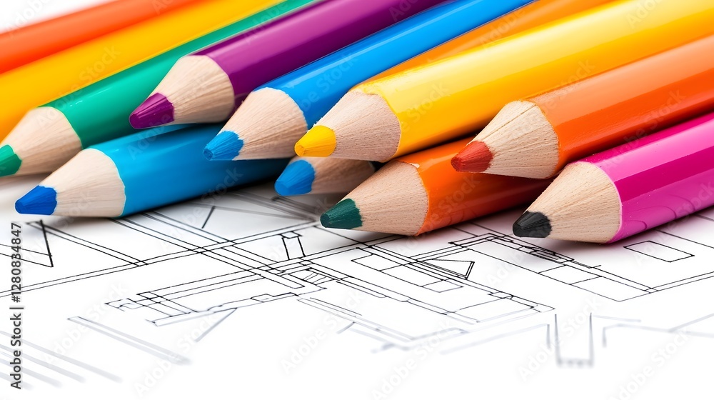 Naklejka premium Close up of colorful drawing markers laid out on top of architectural blueprint plans with double exposure silhouette highlighting the design outlines