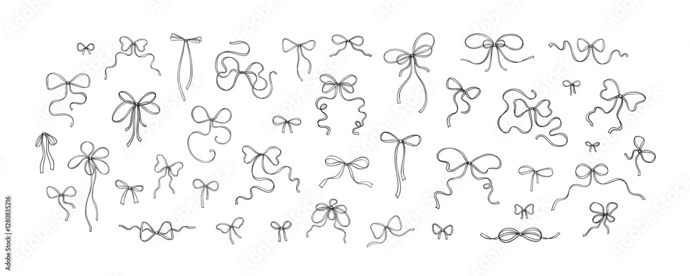 Bow ribbon drawing set. Coquettish girly style. Sketch crayon handwriting. Aesthetic feminine design elements. Cute line doodle whimsical bowknots. Birthday and wedding gift accessories Bow ribbon drawing set. Coquettish girly style. Sketch crayon handwriting. Aesthetic feminine design elements. Cute line doodle whimsical bowknots. Birthday and wedding gift accessories