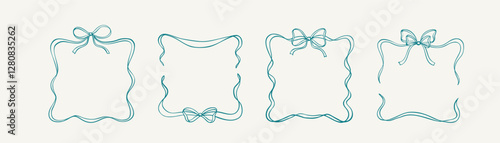 Set of square whimsical bow ribbon frames. Coquette wavy scroll tape border. Vintage flourish hand drawn sketch vector illustration. Wedding, birthday, baby shower party invitation design element